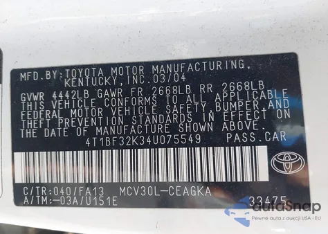 2004 Toyota Camry Xle V6 z USA, uszkodzony, nr VIN 4T1BF32K34U075549